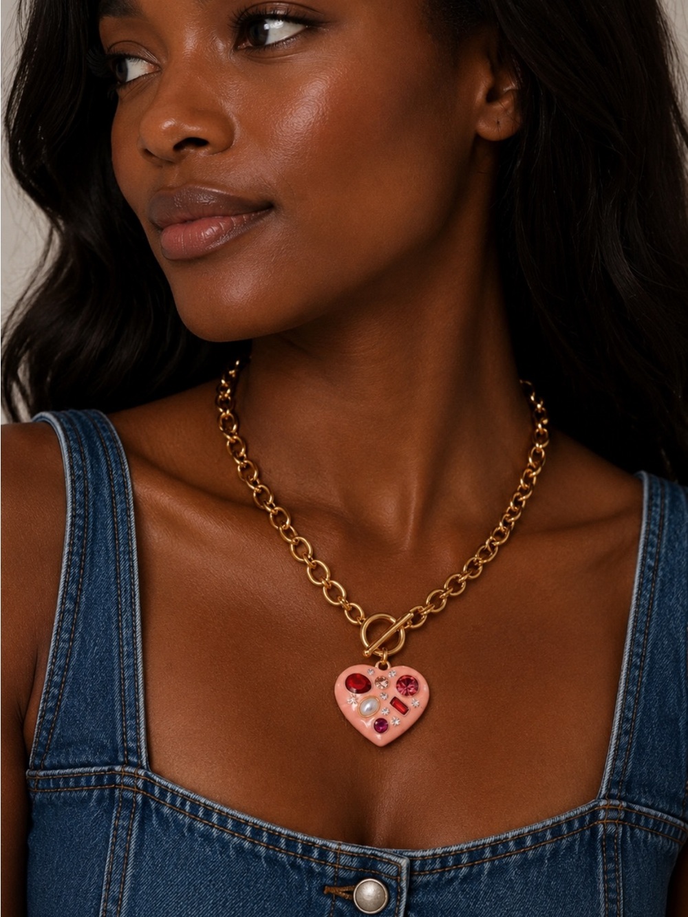 New! Preppy Colorful Pink Heart Charm Gold Chain Necklace NWOT (1054)